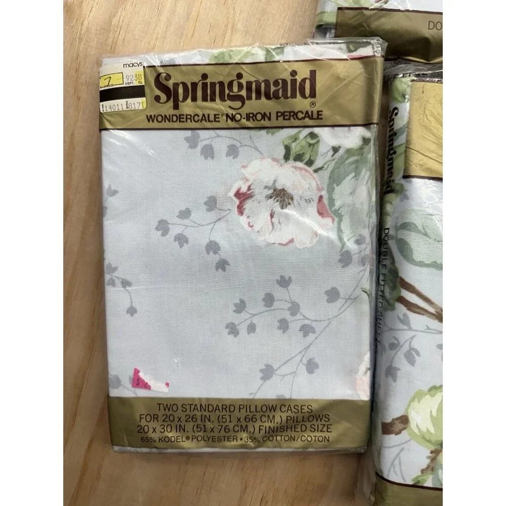 Vtg Springmaid Blue Floral Double Sheet Set Flat Fitted Pillow Cases Vintage New